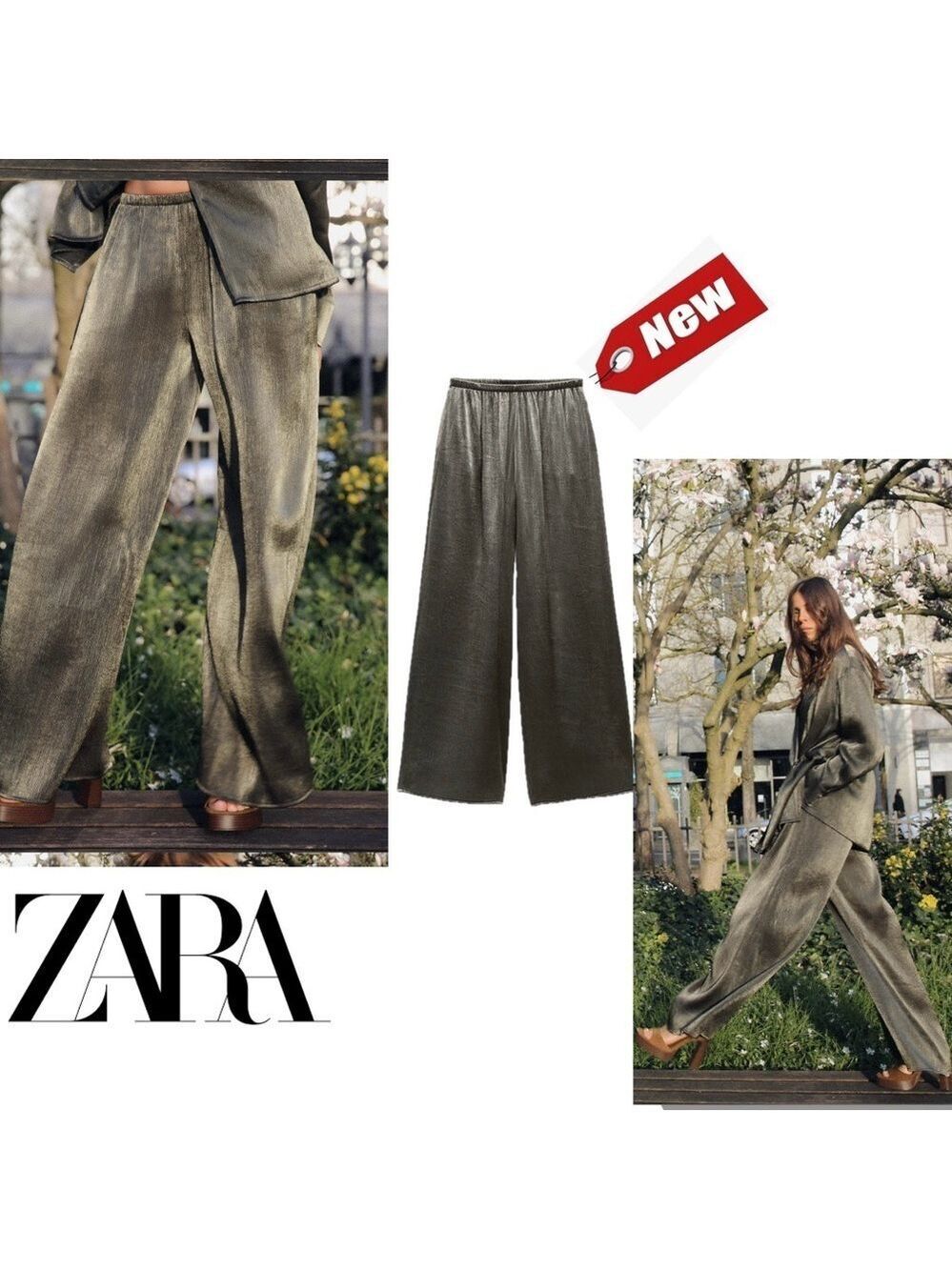 Zara khaki green aged gold wrinkle effect wide leg pull on pants Sz S NWT